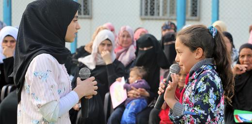 Girls perform in a play against gender-based violence at the Peace Oasis in Za'atari refugee camp. Photo: LWF Jordan