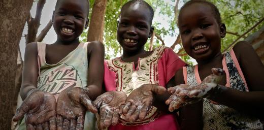 From left to right, 9-year-old Freedom Gai, 7-year-oldÂ NyalatÂ Pouch and 5-year-oldÂ NyabenaÂ GaiÂ show how proper hand washing with soap can prevent the spread of the COVID-19 virus.Â AllÂ Photos:Â LWF/P.Â Kwamboka