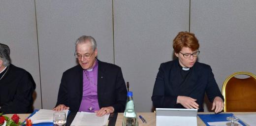 Lutheran-Orthodox Joint Commission co-chairperson Bishop emeritus Dr Christoph Klein (left) and Rev. Dr Kaisamari Hintikka, LWF Assistant General Secretary for Ecumenical Relations, at the Rhodes meeting. Photo: Koufos Images