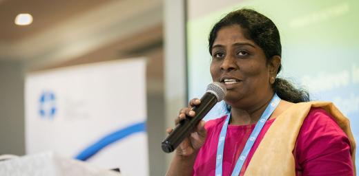 Rev. Caroline Christopher, from the Arcot Lutheran Church in India, leads a Bible study on 'freedom and fruit of the Spirit' at the global consultation on Lutheran Identities in Addis Ababa from 23 to 27 October 2019. Photo: LWF/Albin Hillert
