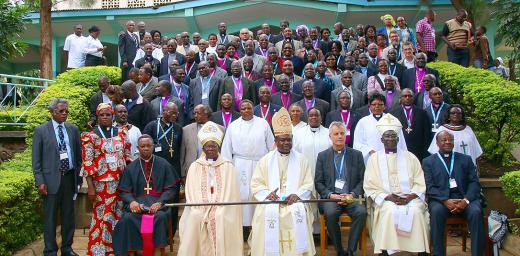 Tanzanian and global Lutheran church leaders gather with other heads of churches in Africa outside the Moshi Town Cathedral. Photo: LWF/Allison Westerhoff 