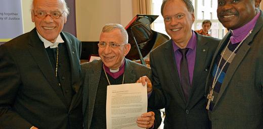 Affirming global solidarity with asylum seekers, migrants and the poor, from left: Bishop Gerhard Ulrich, United Evangelical Lutheran Church of Germany (VELKD); LWF President Bishop Dr Munib A. Younan; Nordkircheâs SynodprÃ¤ses Dr Andreas Tietze; and Tanzaniaâs Presiding Bishop Dr Alex G. Malasusa, LWF Vice-President for Africa. Photo: Nordkirche/Eberhard von der Heyde