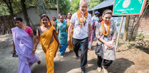 Lutheran World Federation General Secretary Rev. Dr Martin Junge visits a community inhabited by Santal and Dalit (Musahar) people in Nepal. The community is supported by the Nepal Evangelical Lutheran Church and LWF World Service. Photo: LWF/Albin Hillert