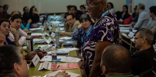 Deacon Elaine Grannum from the Evangelical Lutheran Church in Guyana addressing participants on issues of mission in the LAC and North America Leadership Conference 2018.  Photo: LWF/Eugenio Albrecht