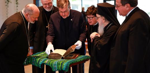 ELCA Presiding Bishop Elizabeth A. Eaton (third from right) said LSTC giving back the New Testament manuscript to the Greek Orthodox Church was âan expression of the essential partnership between theological education and Lutheran-Orthodox relations.â Photo: Will Nunnally