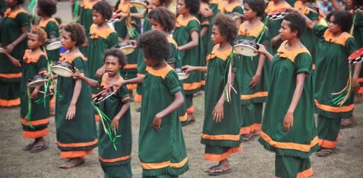 Contemporary music draws young people to ELCN-PNG workshops. Girls from Ngagiob parish perform a tambourine dance, a creative method of explaining biblical stories. Photo: LWF/M. Renaux