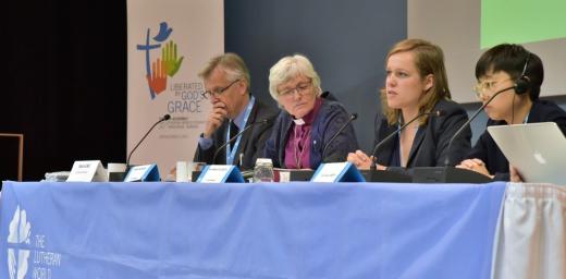 The LWF General Secretary and Council members reflected on the Council at the press conference. From left: General Secretary Martin Junge, Archbishop Antje JackelÃ©n, Anna-Maria Klassen and Eun-hae Kwon. Photo: LWF/Marie Renaux