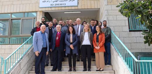 Outside LWF's vocational training center in Ramallah â front row from left, program director Yousef Shalian, Bishop Ibrahim Azar, LWF Representative Sieglinde Weinbrenner, LWF Regional Program Coordinator Caroline Tveoy and Heather Platt from Canadian Lutheran World Relief. The ELCJHLâs director of education Dr Charlie Haddad and the ELCAâs Rev. Gabi Aelabouni are behind them. All photos: Abd Al Rahman Hadidi