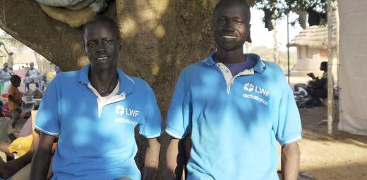 LWF volunteers John Garang and Peter Jok at Adjumani refugee camp, Uganda. DCA/ACT/LWF/Mai Gad