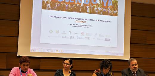 Members of the Colombian Commission of Jurists detail the situation in their country at a Human Rights Council side event on 16 March 2018. Photo: LWF/ Peter Kenny