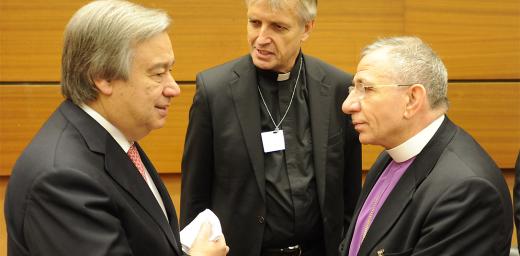 LWF President Bishop Younan and General Secretary Junge expressed deep appreciation for the previous leadership of Antonio Guterres, left, as High Commissioner for Refugees. Photo: LWF