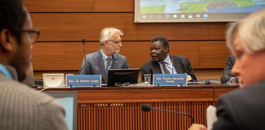LWF General Secretary Rev. Dr Martin Junge and the Minister of Justice and Constitutional Affairs Paulino Wanawilla Onango (right) during the LWF-hosted UN side event on human rights in South Sudan. Photo: LWF/A. Danielsson