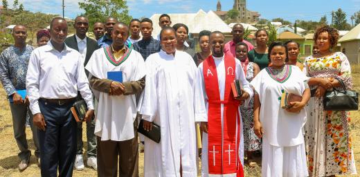 Rev. Frank Mexon Mngâongâo (wearing red stole), ELCTâs new Youth Coordinator, in a photo from early 2020. Mngâongâo was ordained in Jan. 2020. Photo: ELCT