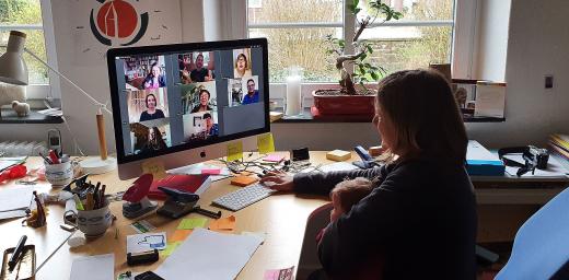 Participants of the LWFs 19th International Seminar for pastors held at the LWF Center Wittenberg in March 2019 connect via video conference. Photo: Michael Grimmsmann