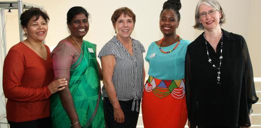 Sisters in faith: (from left) Rev. Sybil Chetty (South Africa), Dr Christy Ponni (India), retired Bishop Dr Margot KÃ¤Ãmann (Germany), Dr Ziyanda Mgugudo-Sello (South Africa) and Moderator Gabriele De Bona (ELM) . Photo: LWF/A. WeyermÃ¼ller
