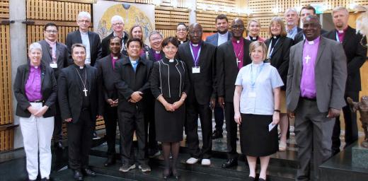 (From right): Bishop Deddy Fajar Purba, Simalungun Protestant Christian Church (GKPS), Indonesia; First Vice-President Odair Airton Braun, Evangelical Church of the Lutheran Confession in Brazil; Bishop Laurie Jungling, Montana Synod, Evangelical Lutheran Church in America; Bishop Steven Lawrence, Evangelical Lutheran Church in Malaysia; and Presiding Bishop Kenneth Sibanda, Evangelical Lutheran Church in Zimbabwe. Photo: LWF/ C. Kästner-Meyer