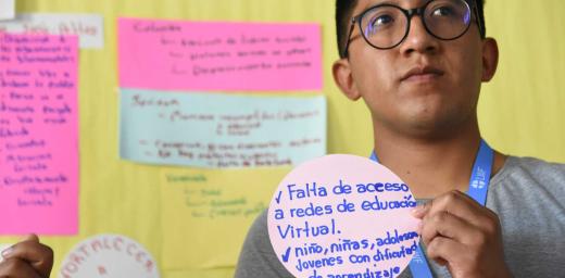 Youth participants at the “Sharing the table” workshop in Porto Alegre, Brazil, presented young people’s concerns in the LWF LAC region. Josue Vera Gutierrez, Bolivian Evangelical Lutheran Church, explains the social challenges in Bolivia. Photo: LWF/Eugenio Albrecht