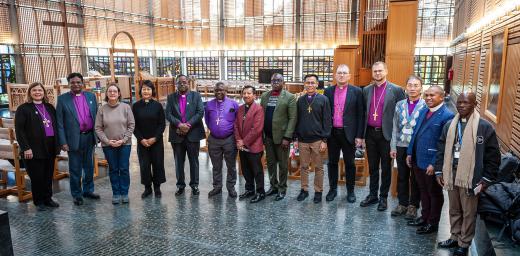 The 14 Bishops and Presidents from LWF member churches participating in the 2023 Retreat of Newly Elected Leaders gather in the Ecumenical Center Chapel in Geneva. Photo: LWF/S. Gallay 