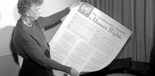American diplomat, human rights activist and former First Lady Eleanor Roosevelt holding a copy of the Universal Declaration of Human Rights which was adopted by the UN General Assembly on 10 December 1948. Among those advising her as chair of the UN Commission on Human Rights was Lutheran pastor and professor Dr Frederick Nolde who drafted the section on freedom of religion. Photo: UN photo
