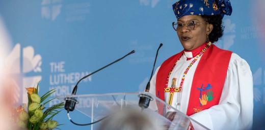 Cameroonian pastor Rev. Dr Jeannette Ada Epse Maina, delivering the sermon at the opening service of the 2024 Council meeting at Chavannes-de-Bogis, near Geneva, Switzerland. Photo: LWF/Albin Hillert