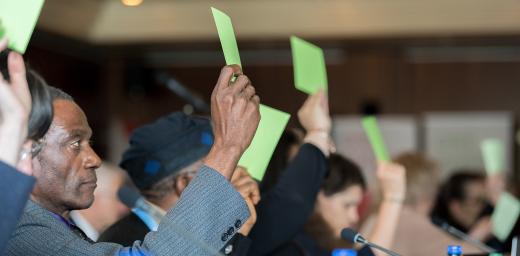 Council members raise green cards voting in favor of a statement during the LWF Council meeting. Photo: LWF/Albin Hillert