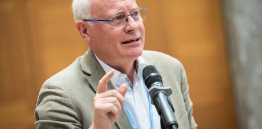 Oberkirchenrat Norbert Denecke in conversation during the LWF Council meeting in 2018 which was held in Geneva. Photo: LWF/Albin Hillert