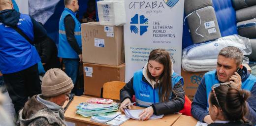 Volunteers at a reception center for people displaced from the front line, near Kharkiv. Photo: LWF/ Anatolyi Nazarenko