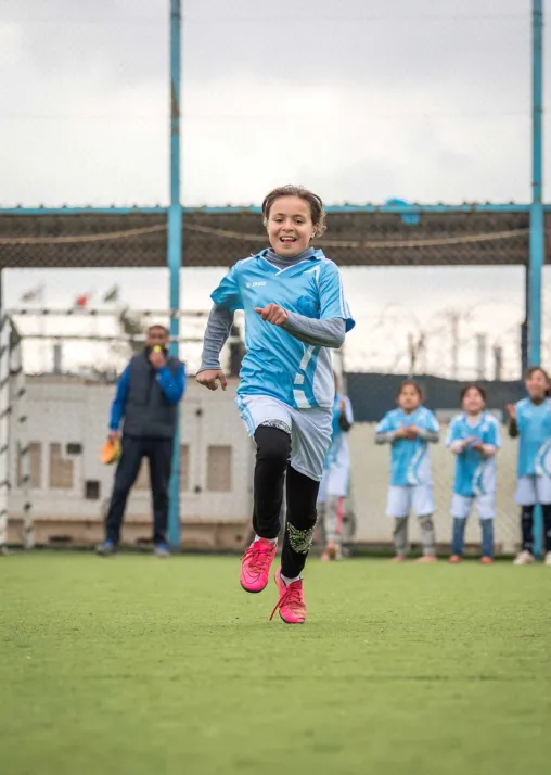 The girls' soccer team is one of the most popular activities at the LWF Peace Oasis in Zaatari. LWF installed visual protection so the girls could play as well. Photo: LWF/ Albin Hillert